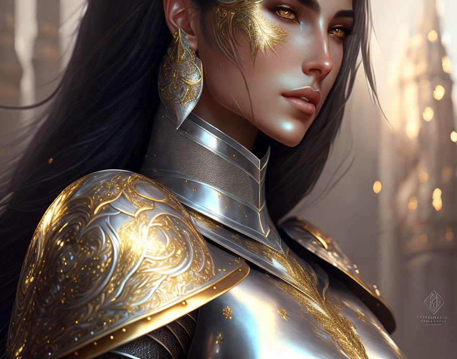 Detailed Illustration of Woman with Dark Hair and Ornate Golden Armor