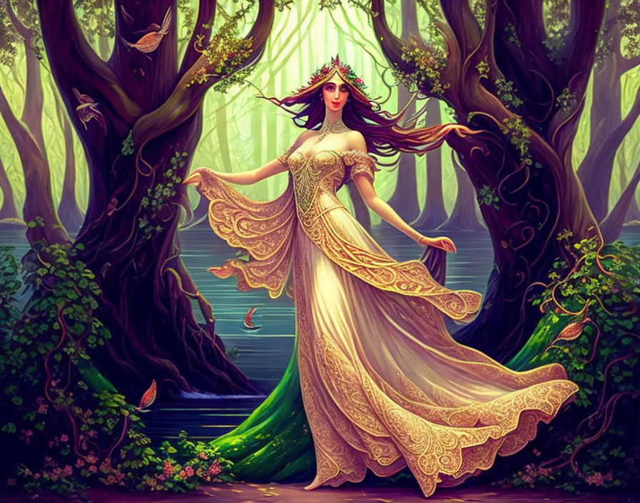 Mystical forest scene with graceful woman in ornate gown