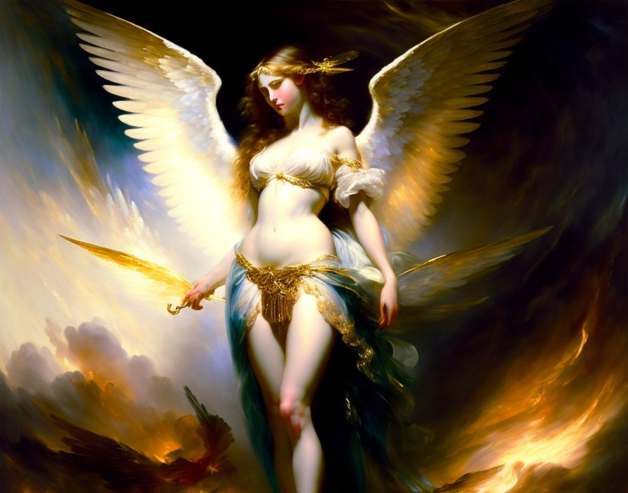 Angelic figure with white wings and sword in dramatic cloudy backdrop