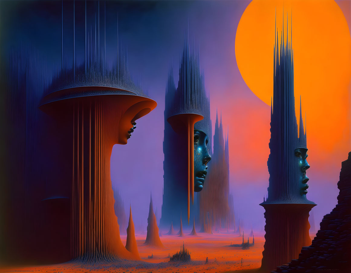 Alien landscape with face-like structures under orange moon