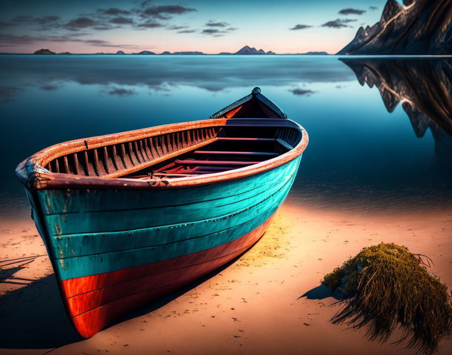 Blue Wooden Boat on Sandy Shore with Calm Water and Mountain Range at Sunset