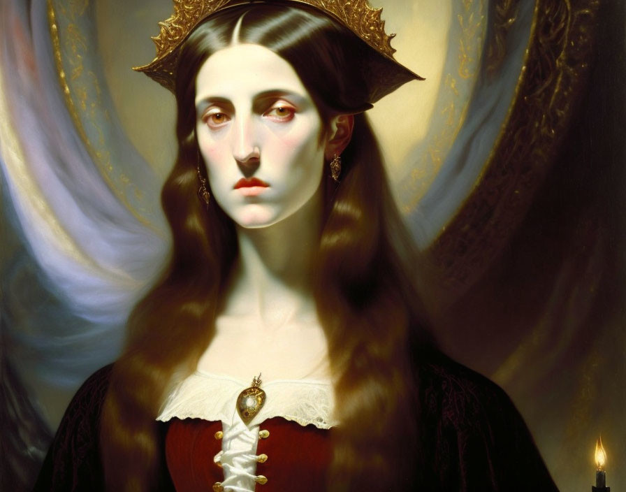 Portrait of a woman with pale skin and dark hair in regal attire