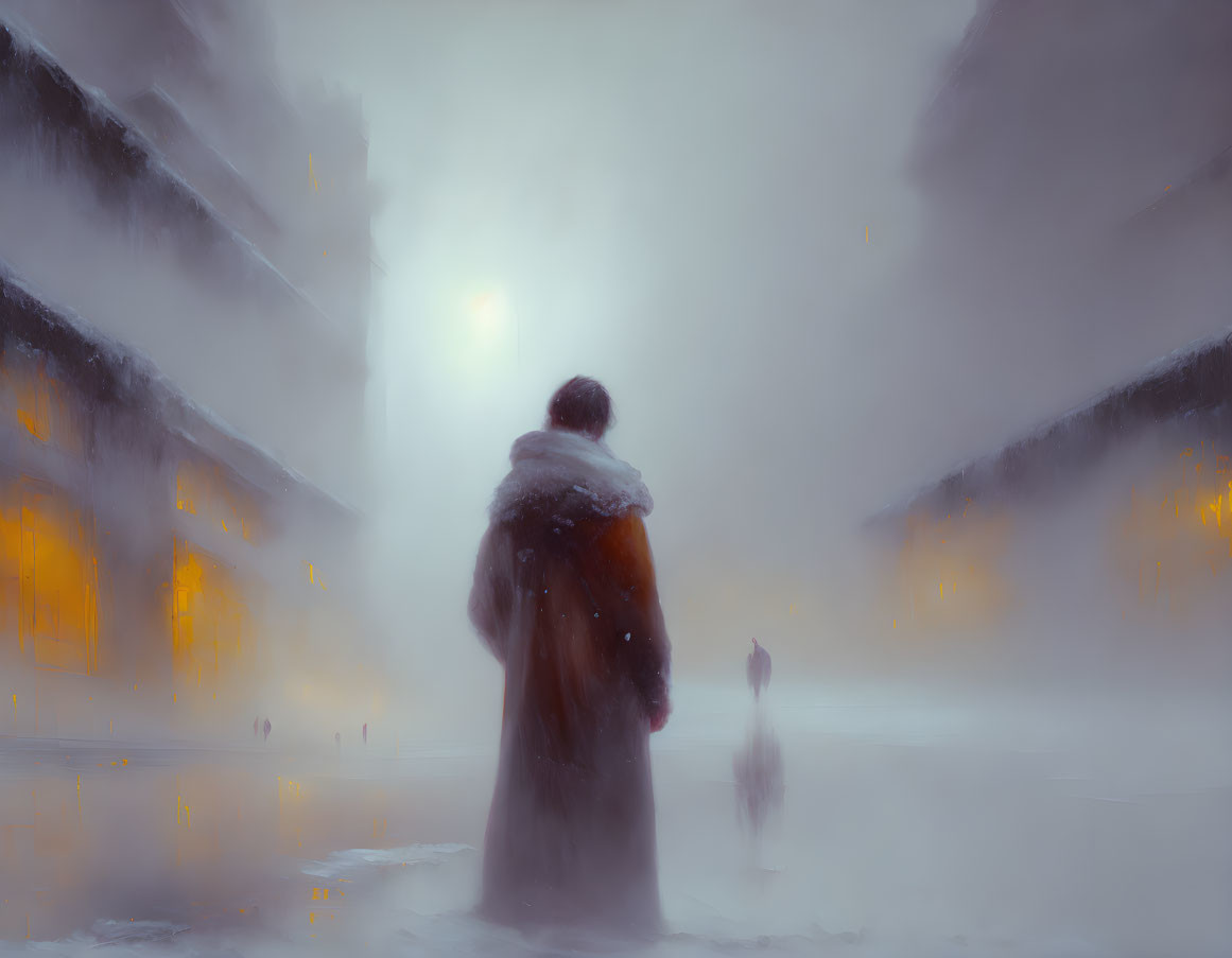 Mysterious figure in cloak on snowy city street at night