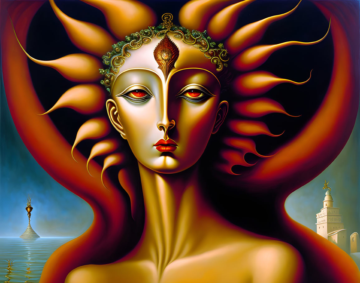 Surreal painting: Figure with fiery red mane, multiple faces, and horn-like structures by ocean