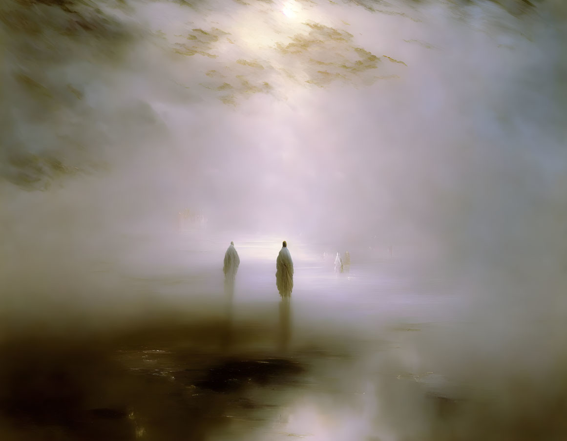 Misty landscape with two people walking under diffused sunlight