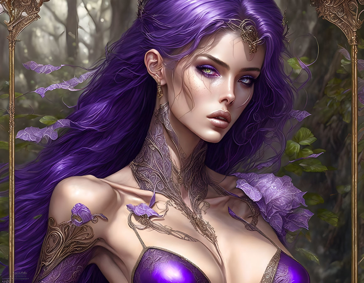 Fantasy woman with purple hair, violet eyes, ornate tattoos, in ethereal setting