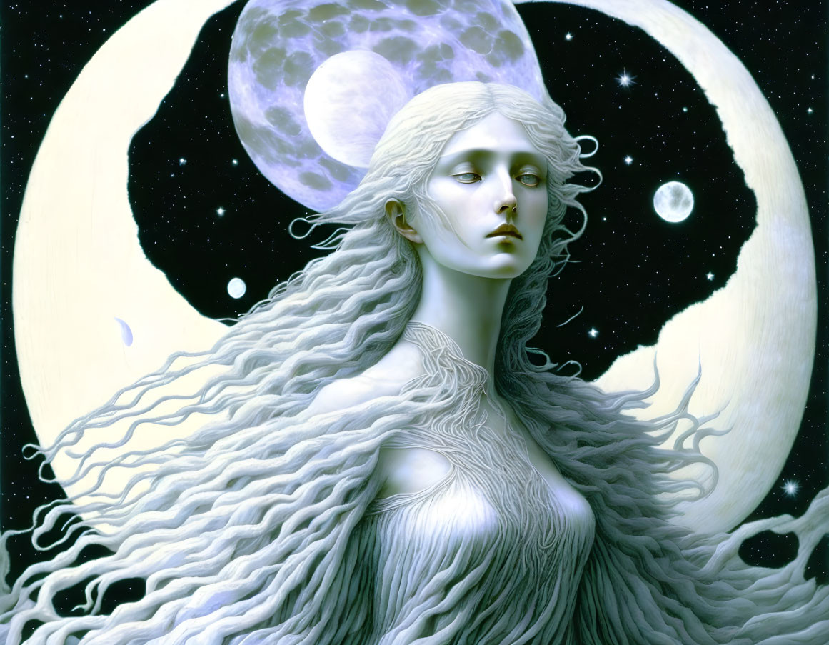 Ethereal woman with white hair in cosmic setting