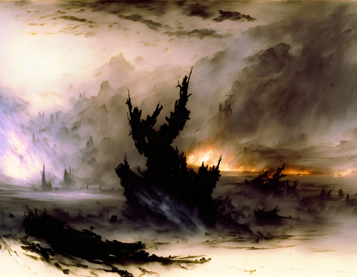 Dramatic sunset landscape with shipwreck silhouette