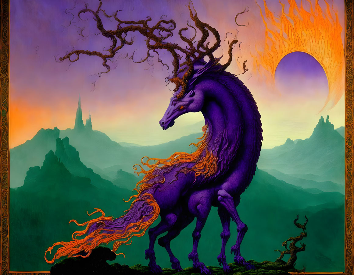 Purple mythical horse with orange flames at sunset.