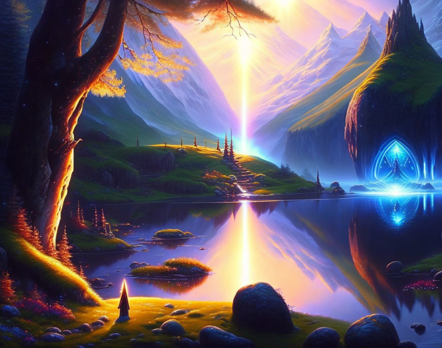 Fantasy landscape with glowing portal, serene lake, mountains, and mysterious figure