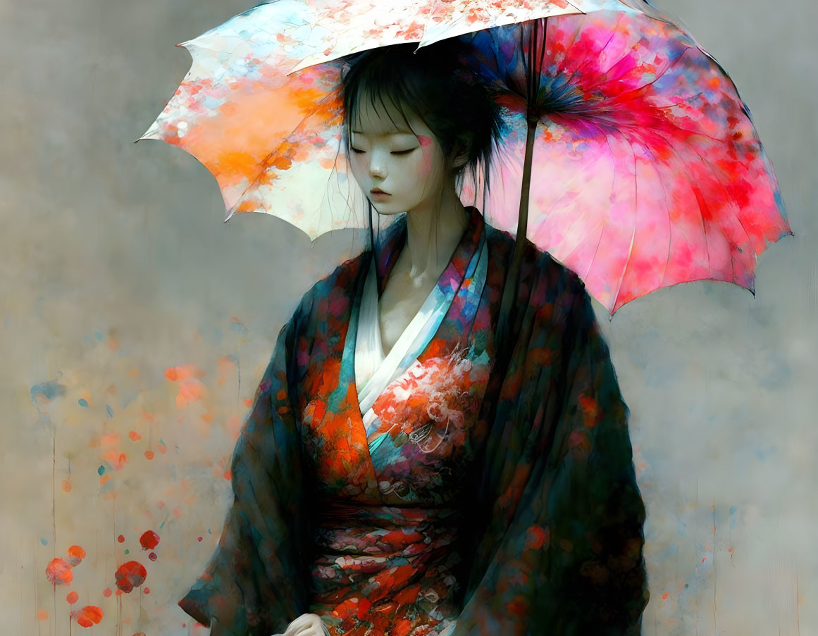 Serene woman in floral kimono with painted umbrella in misty backdrop