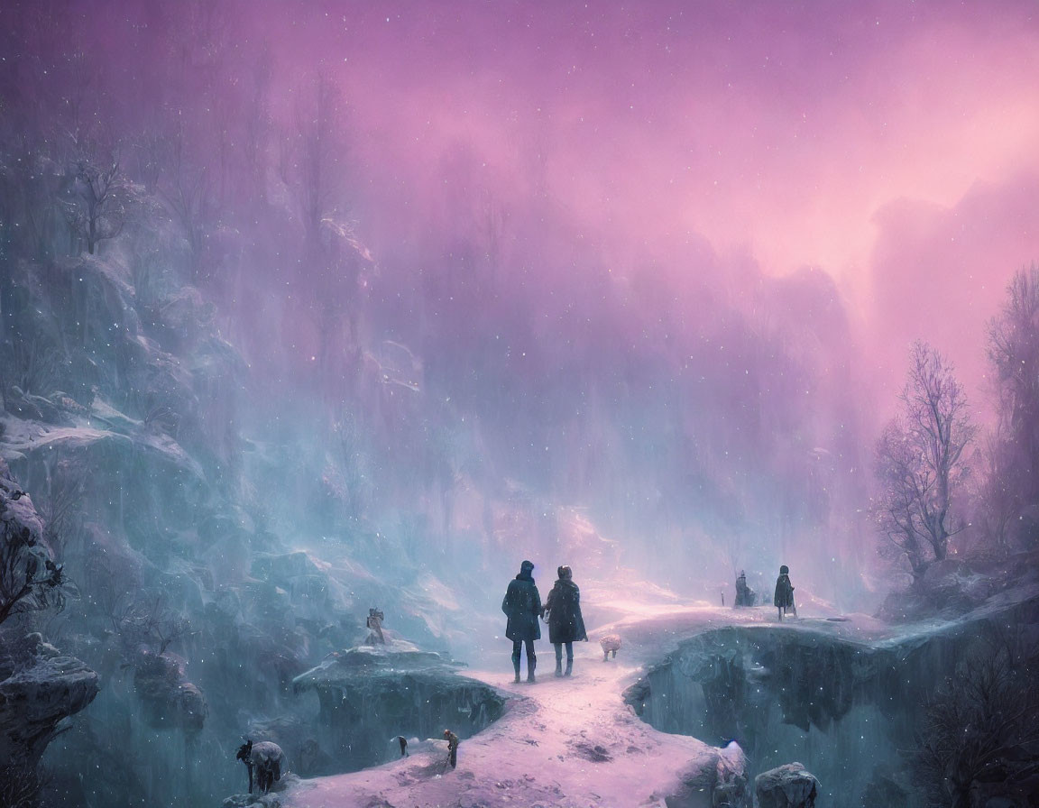 Snowy Winter Landscape: People and Dogs Walking at Dusk