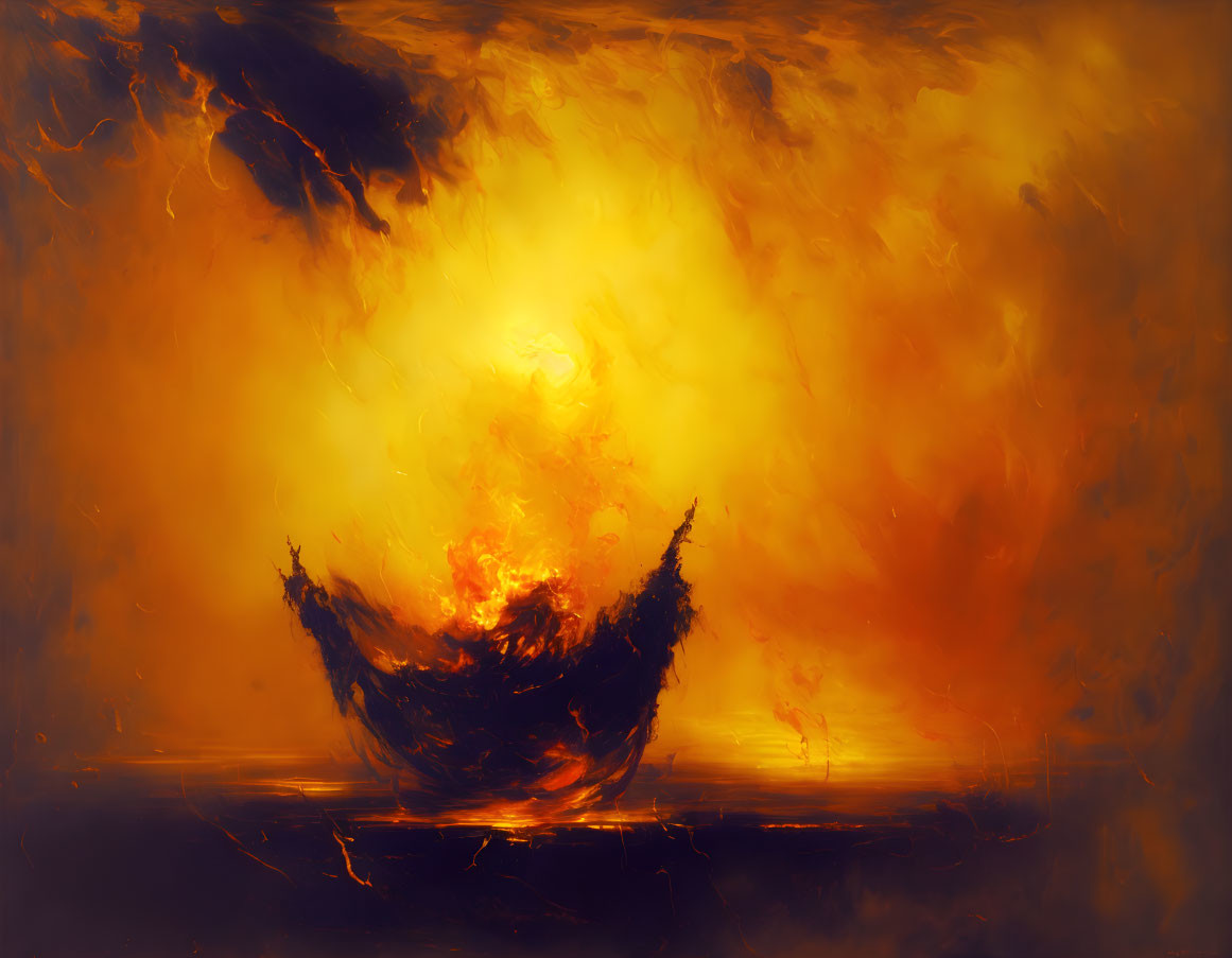 Abstract painting of fiery explosion in orange, yellow, and red hues