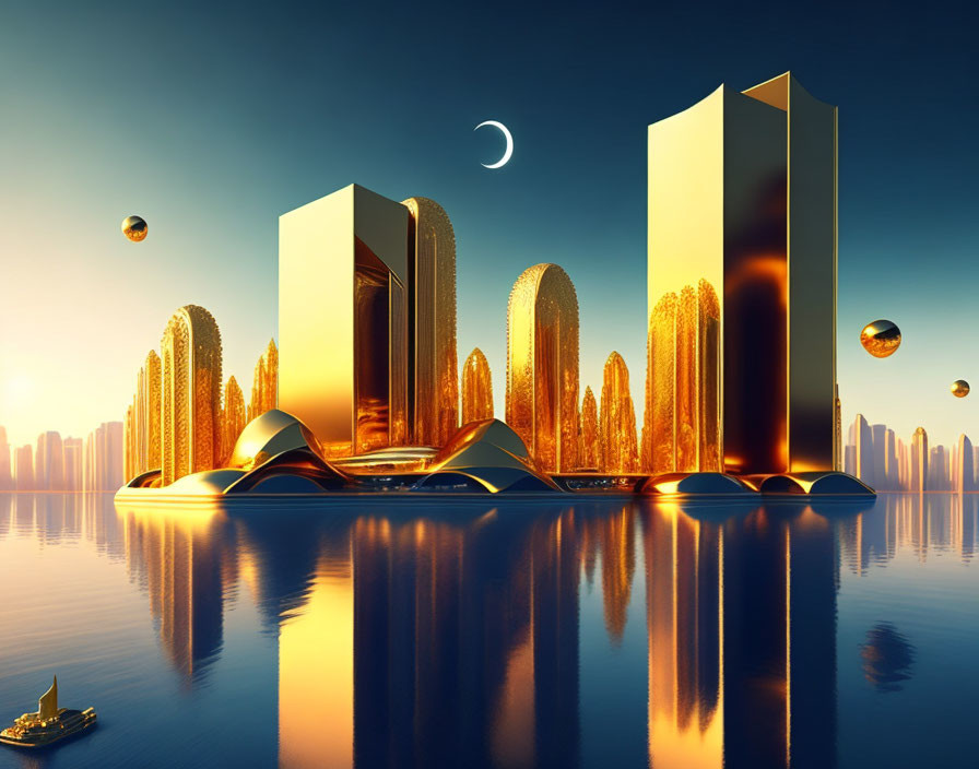 Sunset cityscape with reflective skyscrapers, crescent moon, golden hues, and floating structures