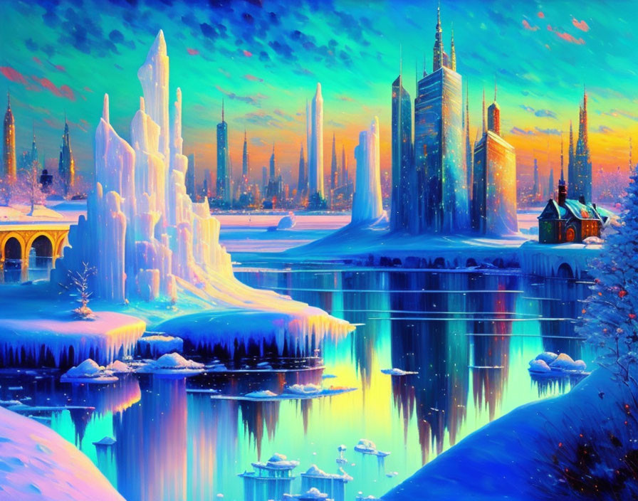 Fantastical cityscape with towering ice structures under colorful sky