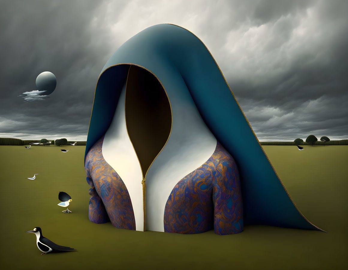 Surreal landscape featuring oversized cloak, birds, floating sphere, stormy sky