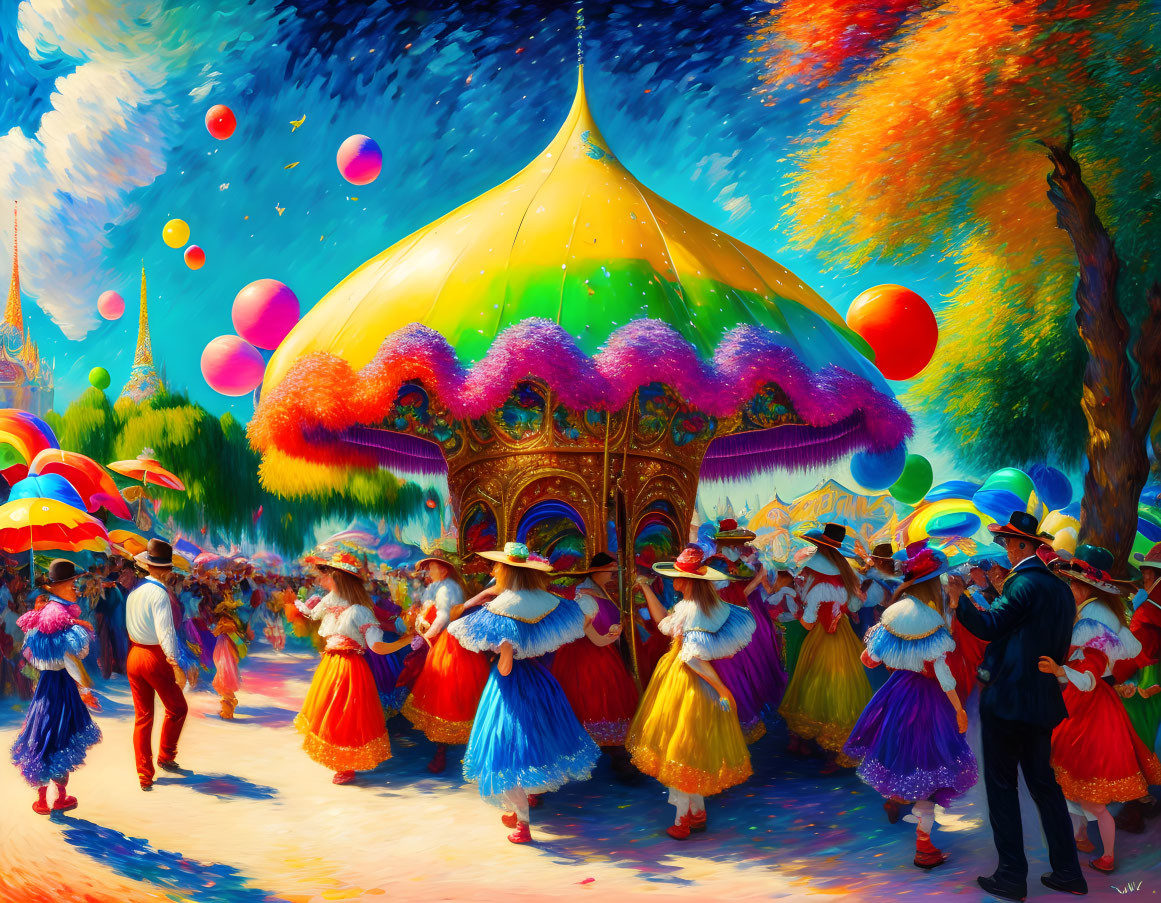 Traditional dress dancers near carousel with colorful balloons in vibrant outdoor scene