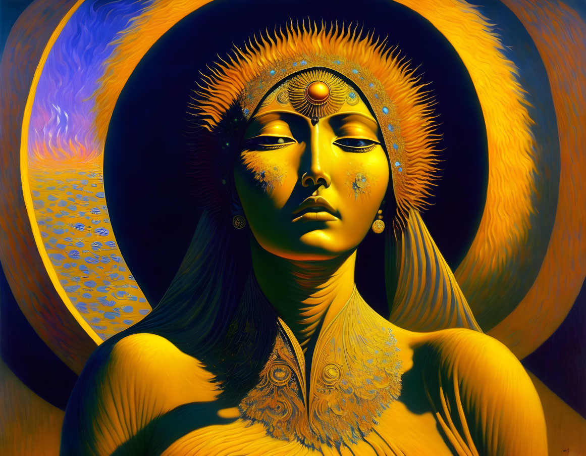 Vibrant digital artwork: Woman with golden skin, third eye, ornate headpiece, blue