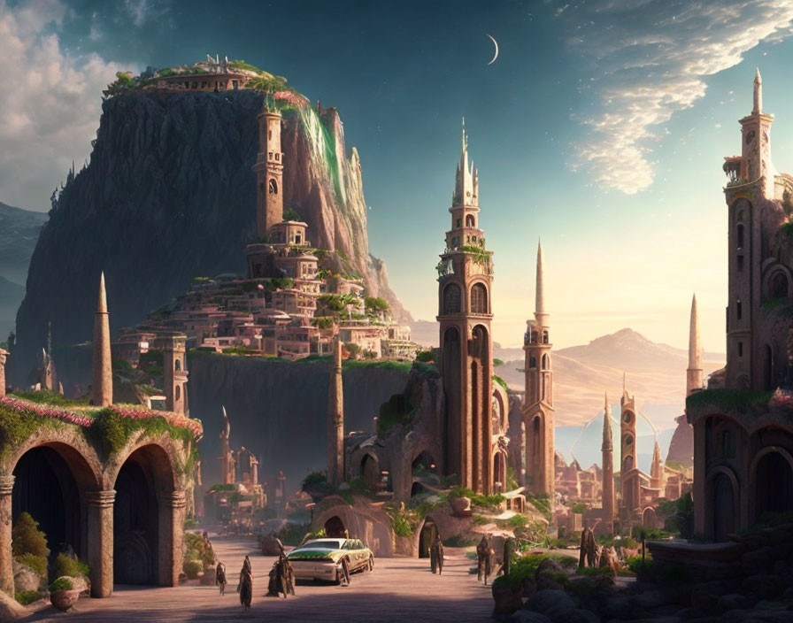 Fantastical city with towering spires carved into cliff under twilight sky