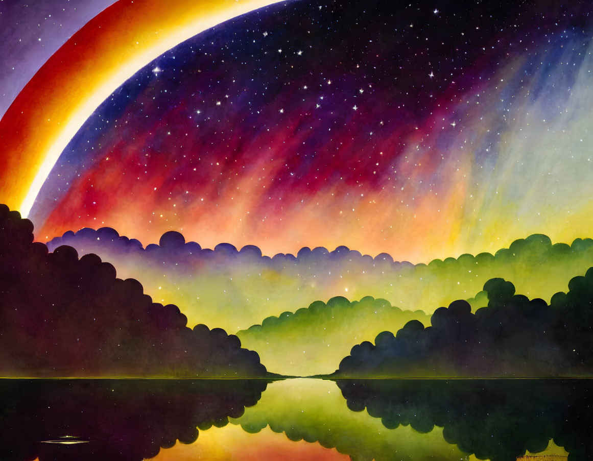 Cosmic landscape with rainbow aurora over tranquil lake