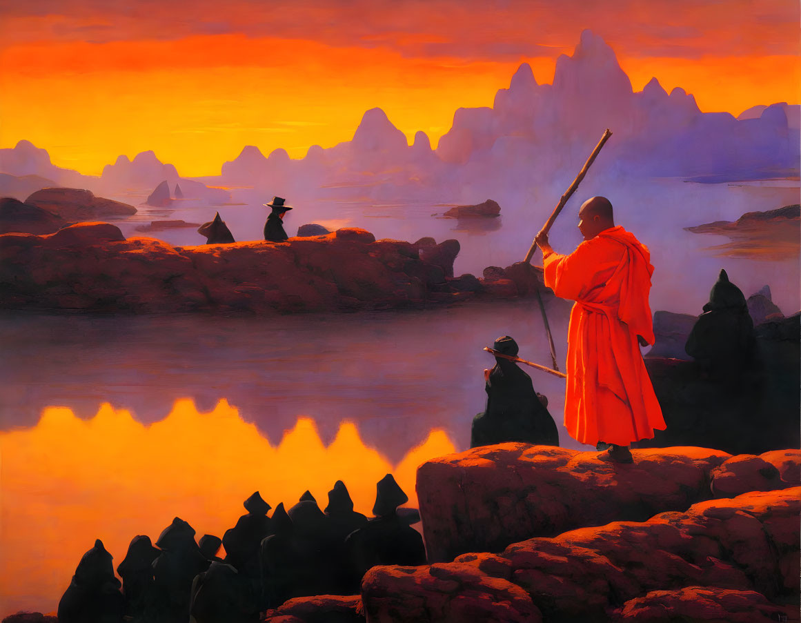 Monk in orange robes on rocky outcrop at fiery sunset