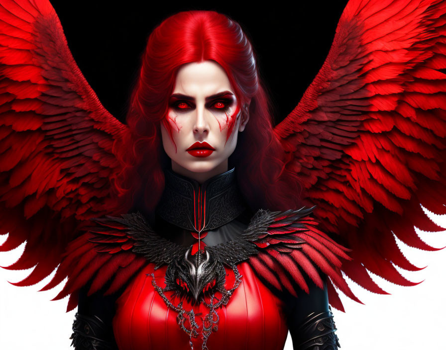 Digital artwork: Woman with red hair, red eyes, and red wings in black and red armor