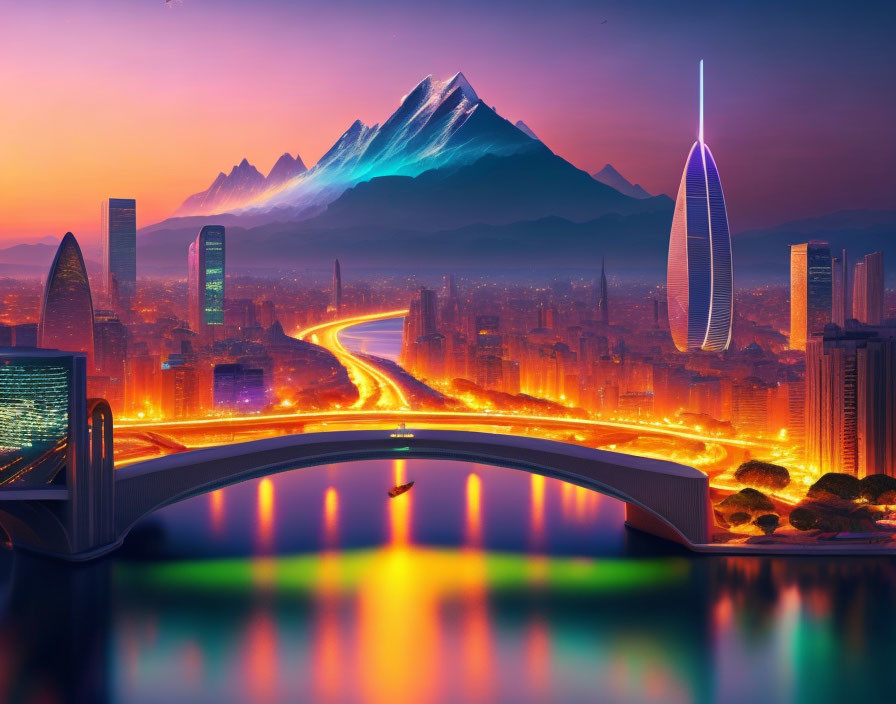 Futuristic cityscape at dusk with neon lights, river, skyscrapers, and mountain