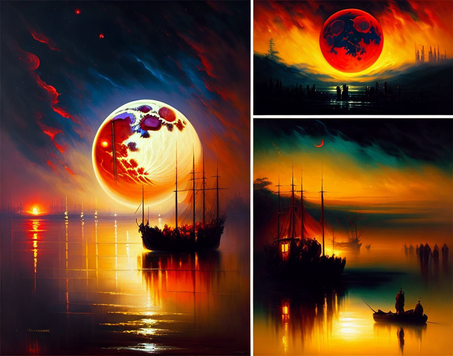 Vibrant paintings of surreal sunsets, moons, water reflections, ships, and silhouettes