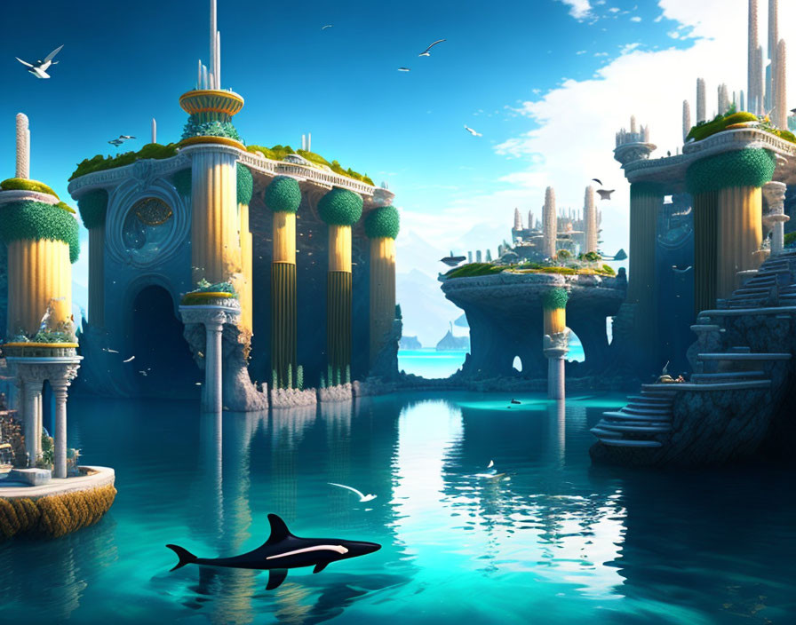 Fantastical underwater city with golden towers and orca in clear blue waters