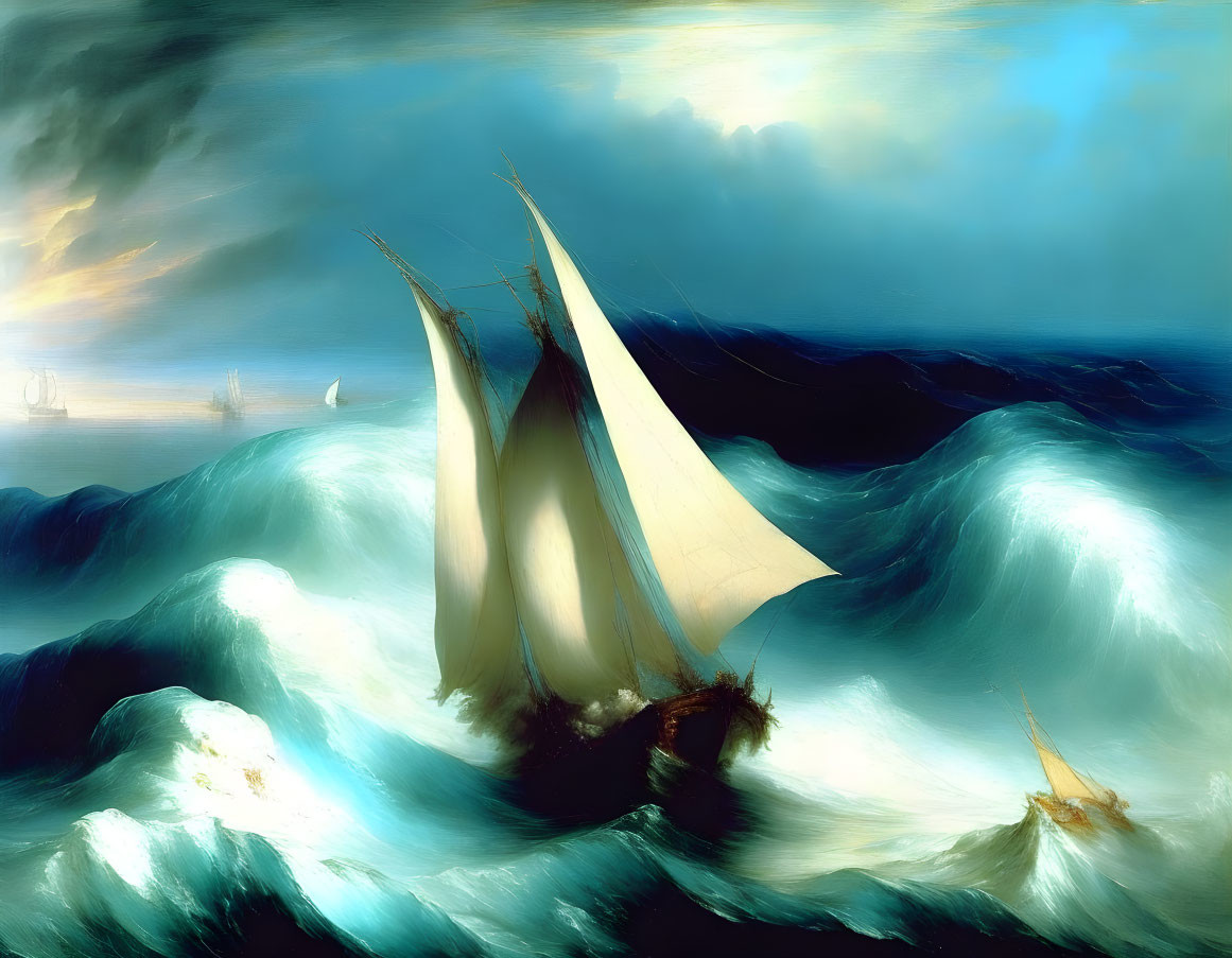 Stormy seas painting: sailboats, crashing waves, distant ships