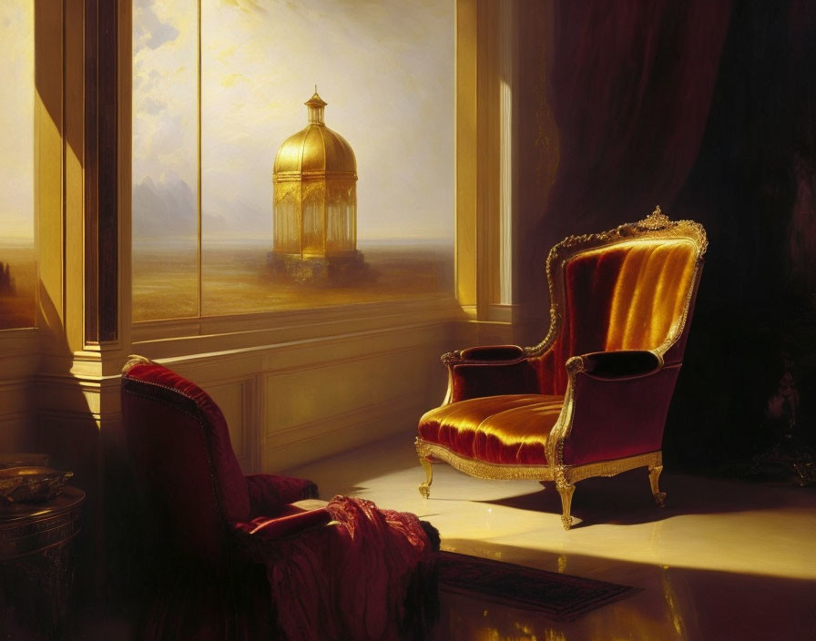 Luxurious red velvet armchair by draped window with view of ornate outdoor structure and golden sky