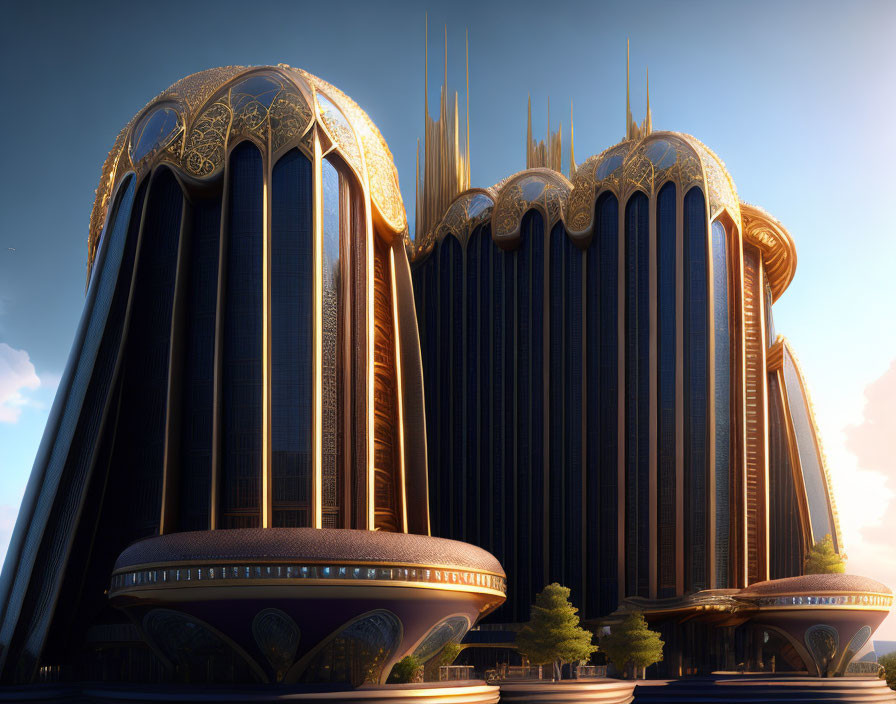 Futuristic building with golden ornamentation against blue sky and trees