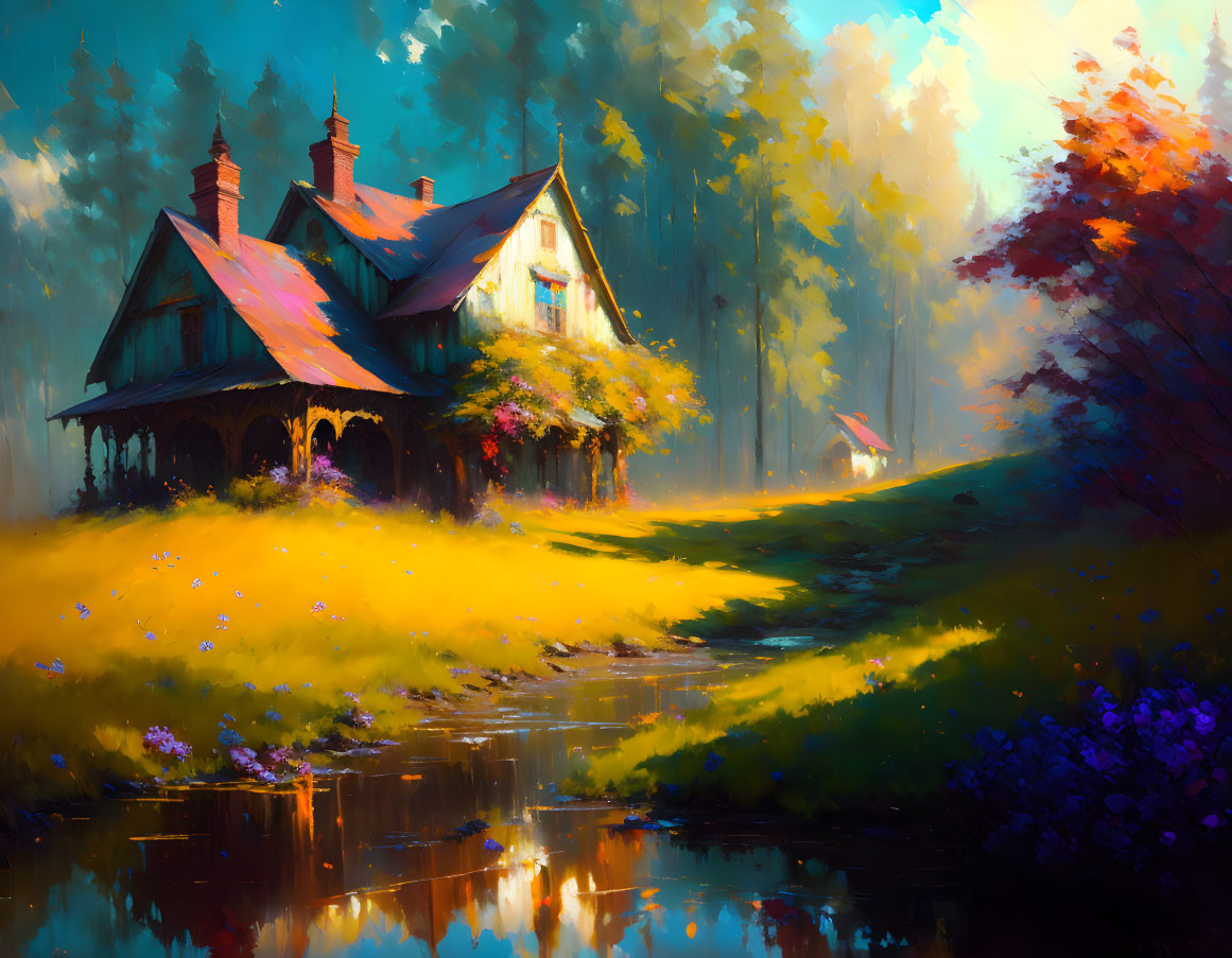 Colorful Forest Cottage Scene with Pond Reflections