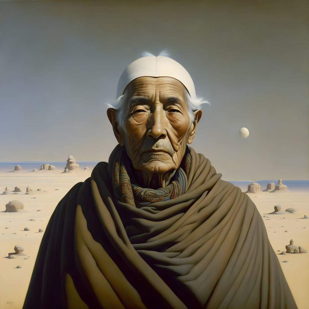 Elder in headband and shawl in desert with rock formations