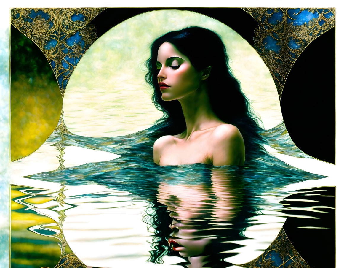 Dark-Haired Woman Emerging from Water in Ornate Circular Frames