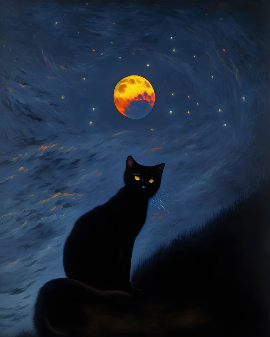 Black cat under starry sky with orange moon on hill