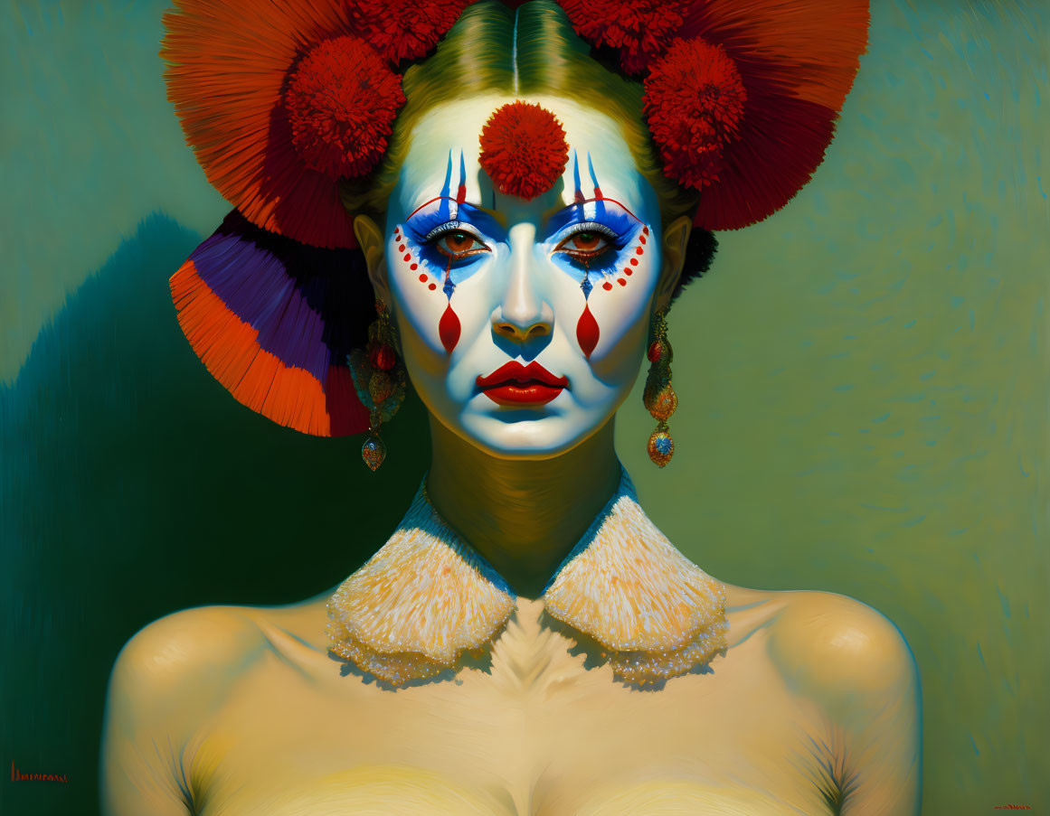 Colorful portrait of a person with red and yellow makeup and blue eyes