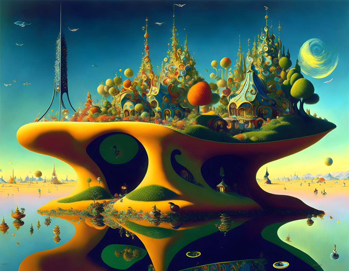 Surreal landscape with island-like structure and floating orbs