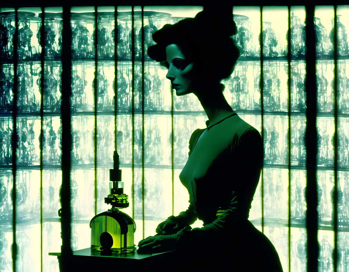 Silhouetted woman with vintage hairstyle beside microscope in green-tinted room