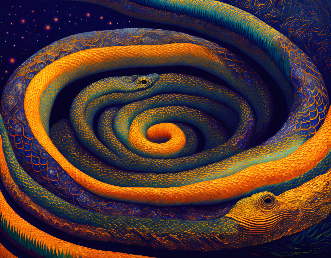 Colorful coiled snake with intricate scales on starry night sky background