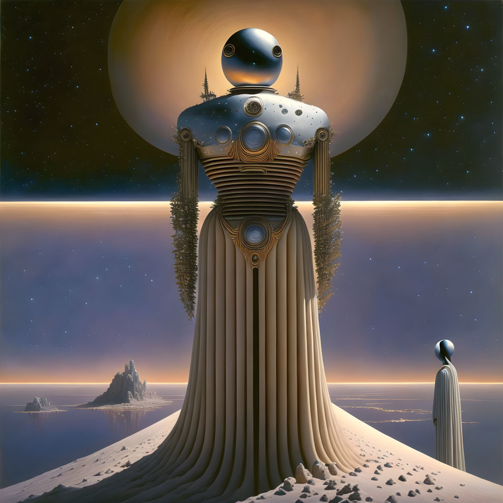 Surreal landscape featuring two robot-like figures on ringed planet background