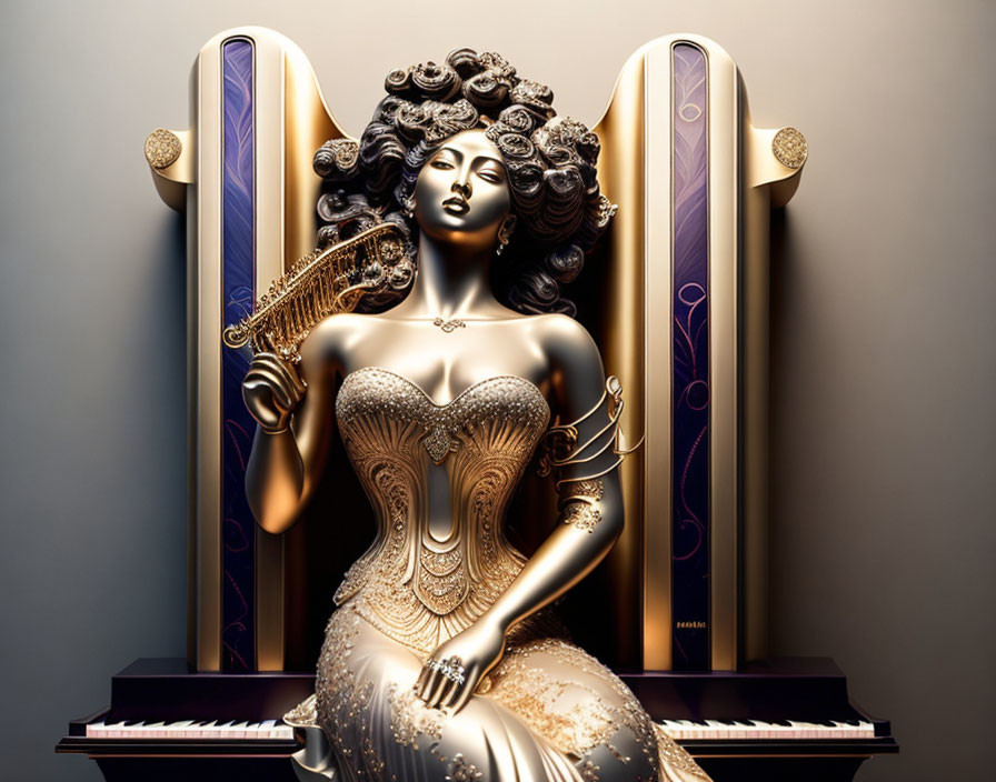 Elaborate Hair Woman in Corset Dress with Piano Design on Luxe Golden Background