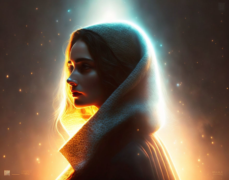 Digital artwork: Woman with glowing aura in hooded cloak on cosmic background