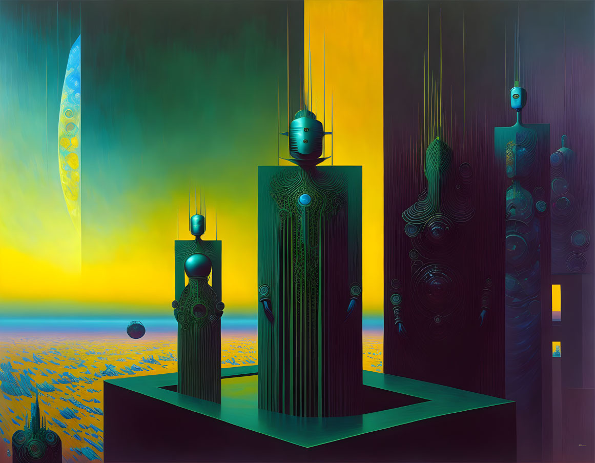 Vibrant surrealistic painting: robotic figures, alien landscape, geometric shapes