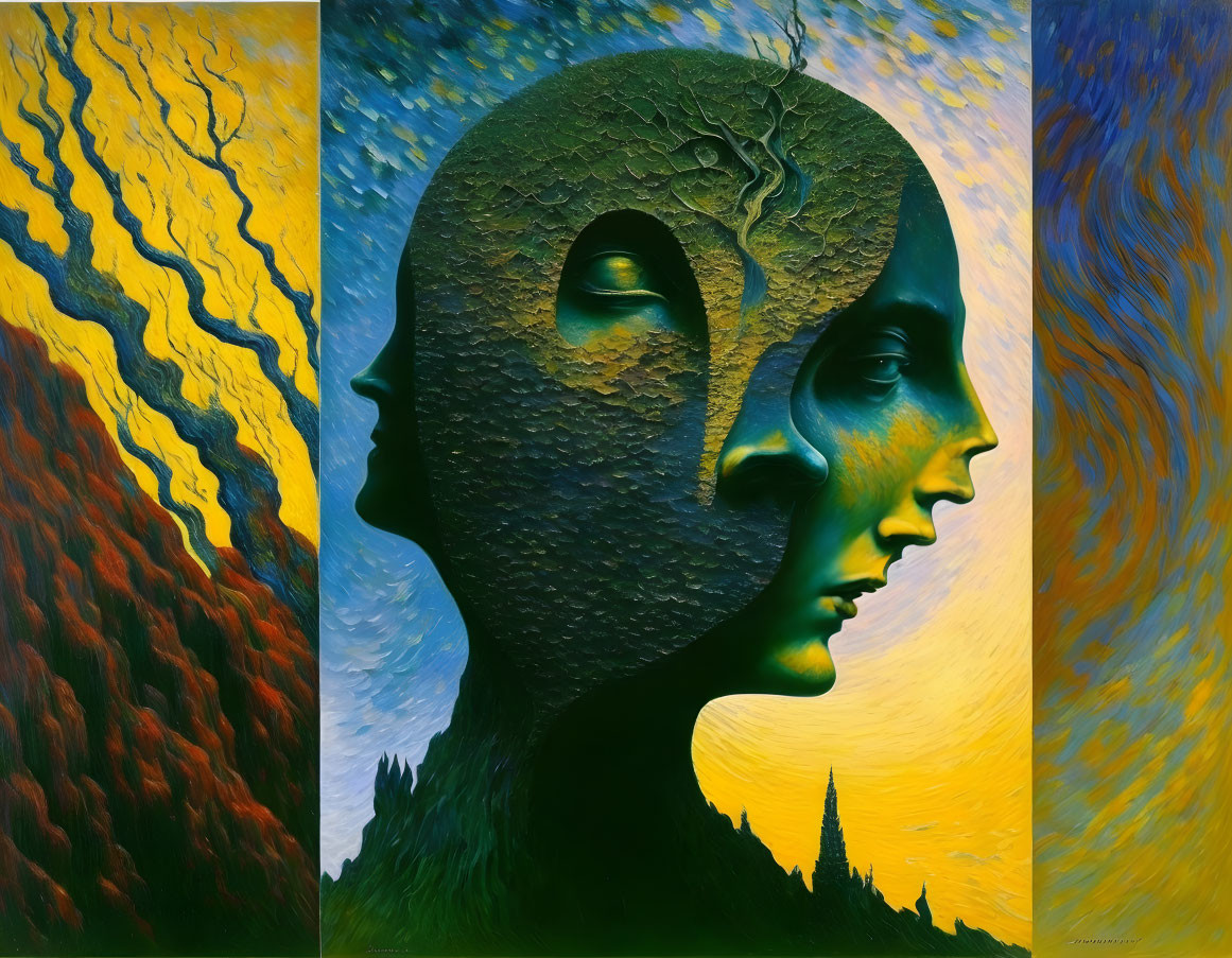 Surreal painting: Two profiles, shared eye, green landscape, fiery sky