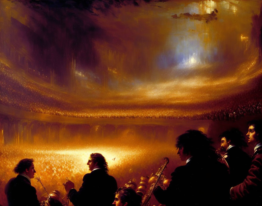 Orchestra silhouette painting in warm, golden light