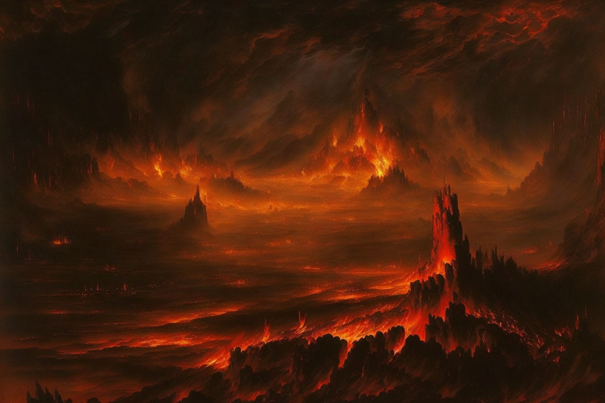 Fiery mountains under red sky: Apocalyptic hellscape depiction