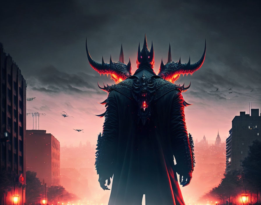 Sinister figure with glowing red eyes and horns over dark cityscape