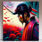 Digital painting of person in Asian attire surrounded by red flowers and green foliage