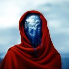 Red Cloaked Figure with Earth Face in Stormy Skies